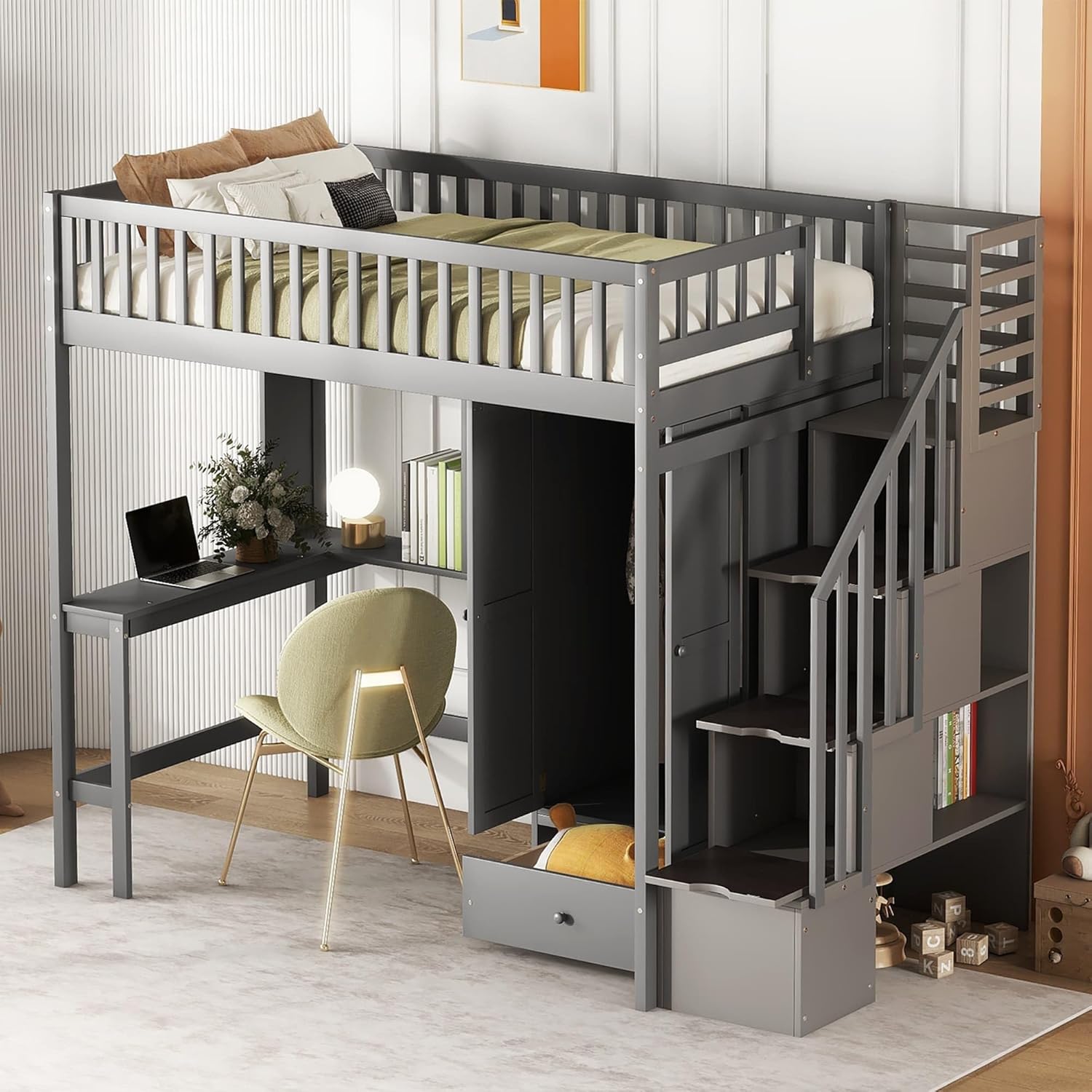 Twin Size Loft Bed with Bookshelf Drawers Desk and Wardrobe Grey Modern Contemporary Unisex Nature Space MDF Pine Wood Finish Includes Hardware