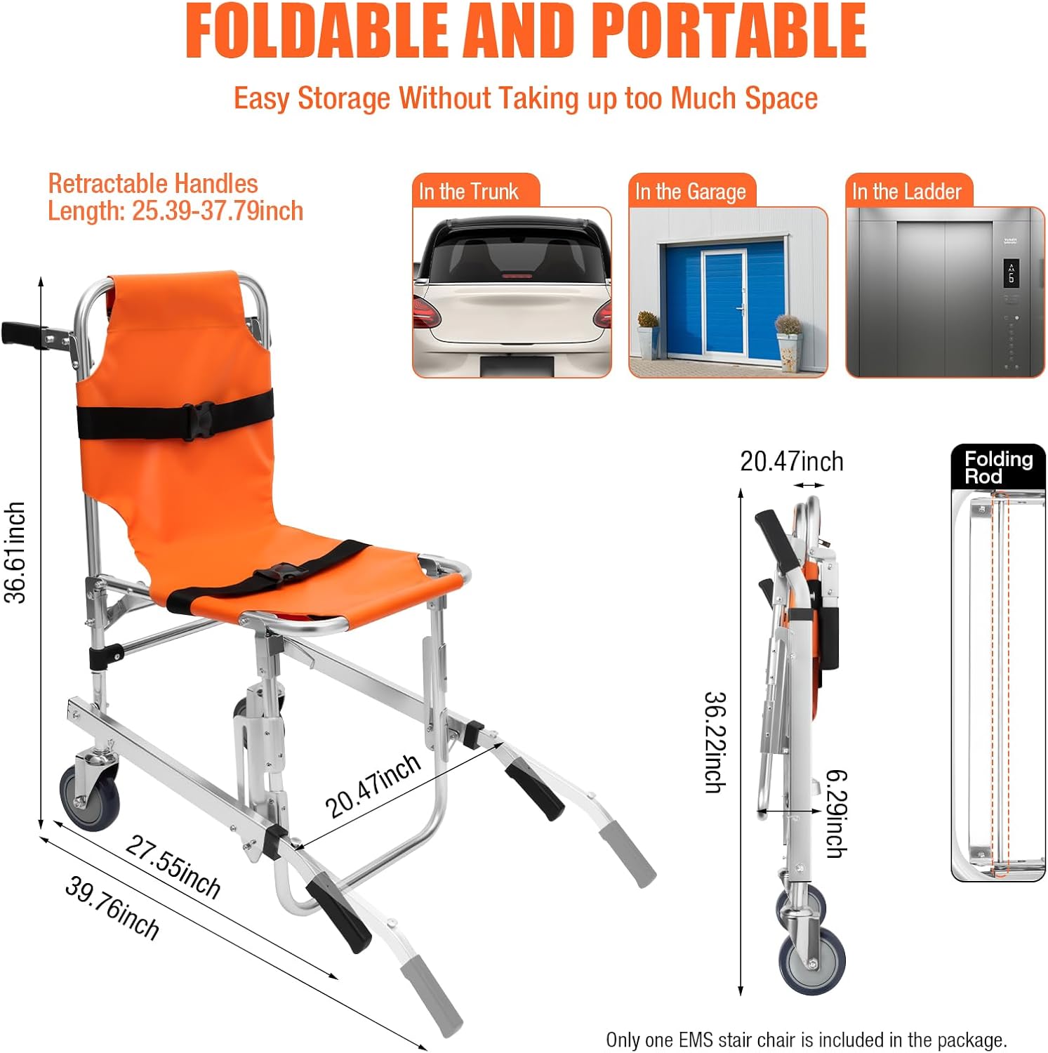 Stair Chair 2-Wheel Orange Transfer Stair Chair Up to 350lbs Foldable Transport Wheelchair for Hospitals, Emergency Centers, Fire Centers