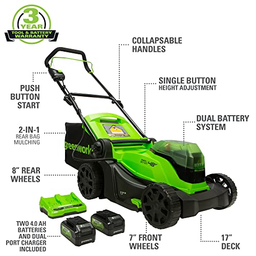 Greenworks 48V 17" Cordless Electric Lawn Mower, Leaf Blower, String Trimmer, (2) 4.0Ah Batteries and Rapid Charger