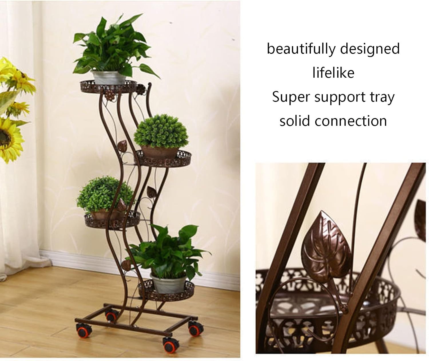 6 Tier Metal Plant Stand Indoor Outdoor, Vertical Tall Planter Display Corner Shelf With Wheels, Multiple Plant Rack For Garden Patio Lawn Balcony