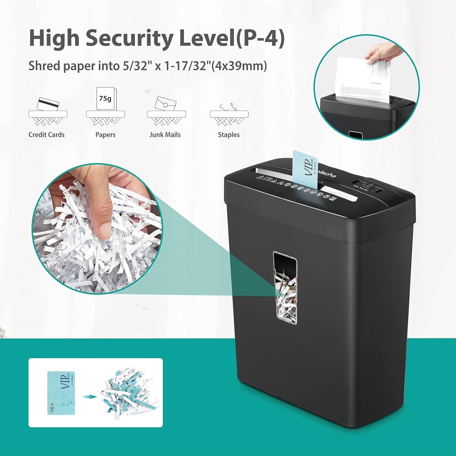 Woolsche Home Office Shredders C220P 6-Sheet Cross Cut Removable, Low Noise Desktop Paper Shredder with Security Lock, P-4 Security Level Shreds Paper/Credit Card