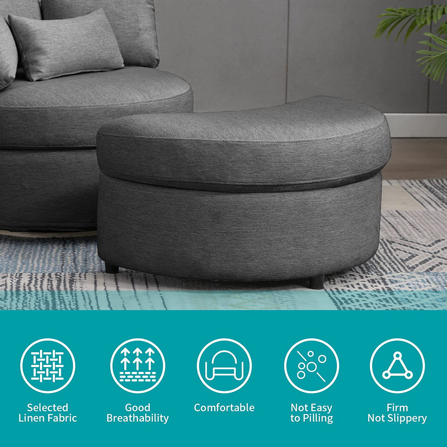 BALUS Modern Swivel Accent Barrel Sofa Chair, with Half Moon Storage Ottoman, Linen Fabric Leisure Round Chair,Sofa Lounge Chair with 3 Throw Pillow for Living Room Hotel/Club (Dark Grey)
