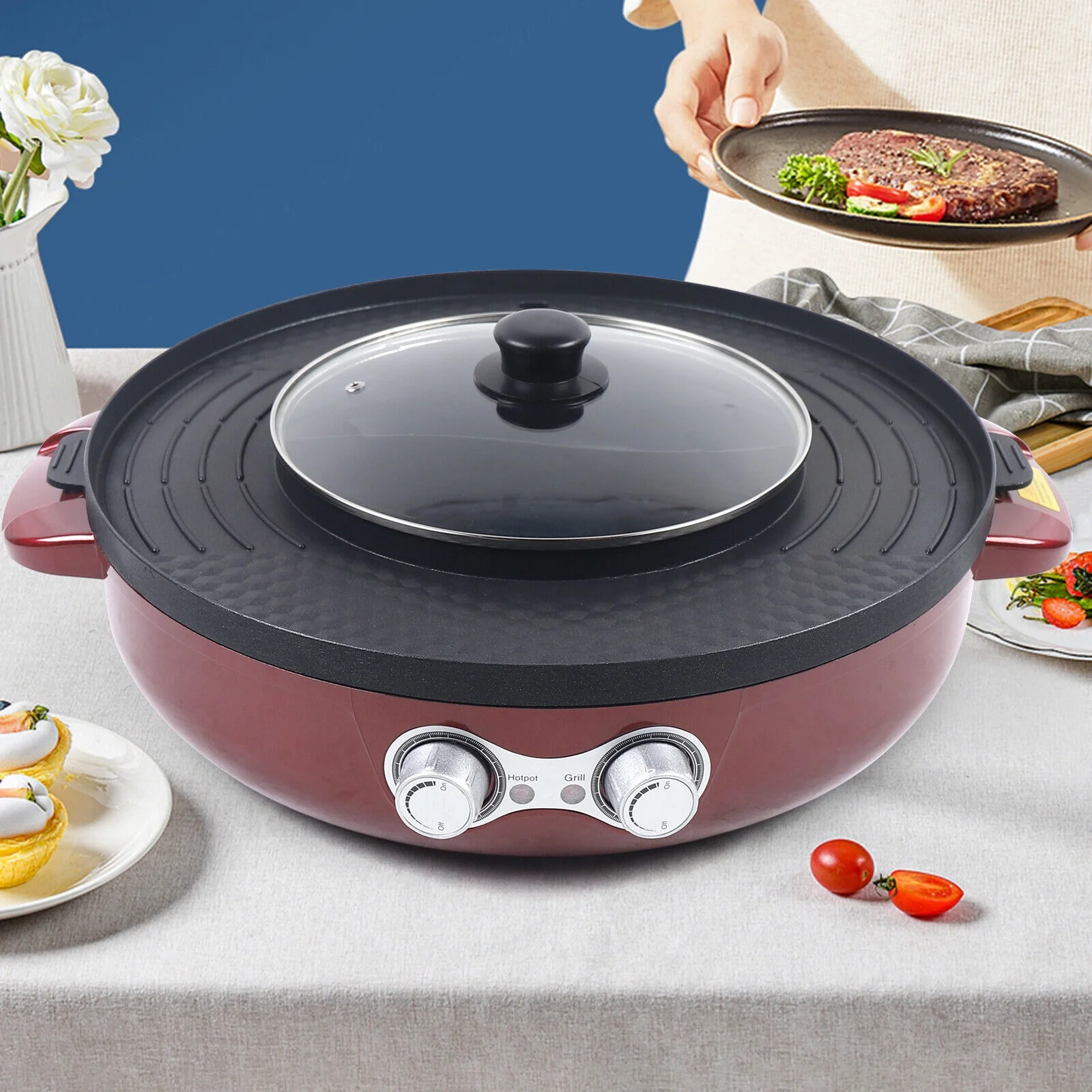 2-in-1 Electric Smokeless Grill + Hot Pot BBQ Grill Soup Shabu Pot 2200W Red