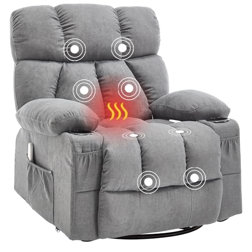 Massage Rocker Recliner Chair with Heat and Vibration Ergonomic Rocking Lounge Chair for Living Room Comfy Overstuffed Recliner with 4 Side Pockets,2 Cup Holders, USB Charge Port, Grey