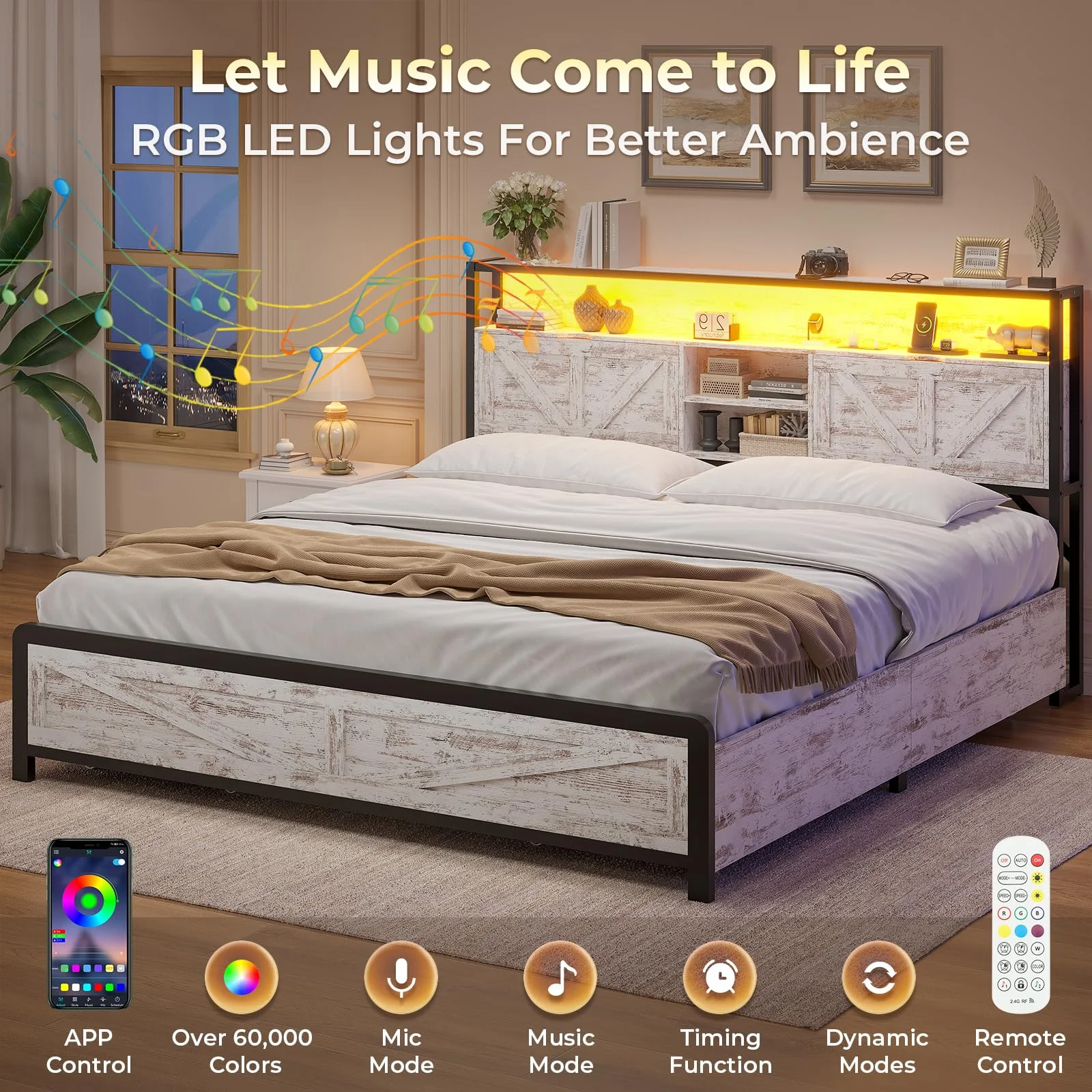 Queen LED Bed Frame with Charging Station and 4 Drawers, Metal Platform Bed Frame with Hidden Storage Headboard, No Box Spring Needed, Old White - Curated Treasures Market