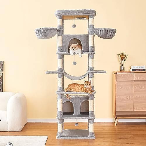 MWPO Extra Large Cat Tree, 77.6-Inch Tall Cat Tower for Indoor Cats with 2 Large Condos, Multi-Level Cat Stand for Large Cat with 3 Hammocks, Wide Perch, Scratching Posts, Dangling Toys, Beige
