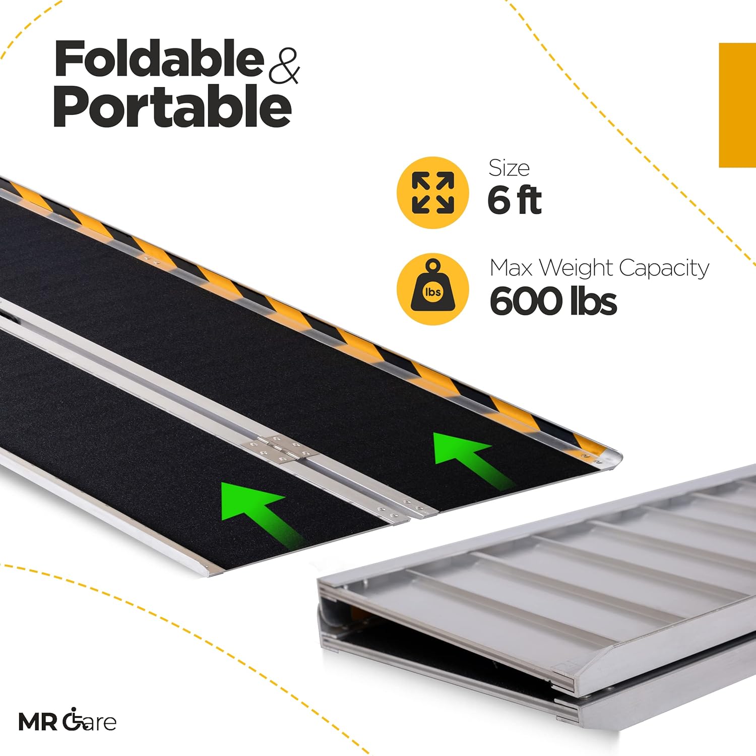 MR CARE Portable Wheelchair Ramp | Lightweight Foldable Ramps for Wheelchairs with Handle | Featuring Unique Yellow Reflective Caution Stickers | Perfect Wheel Chair Ramp for Home Steps (2FT)