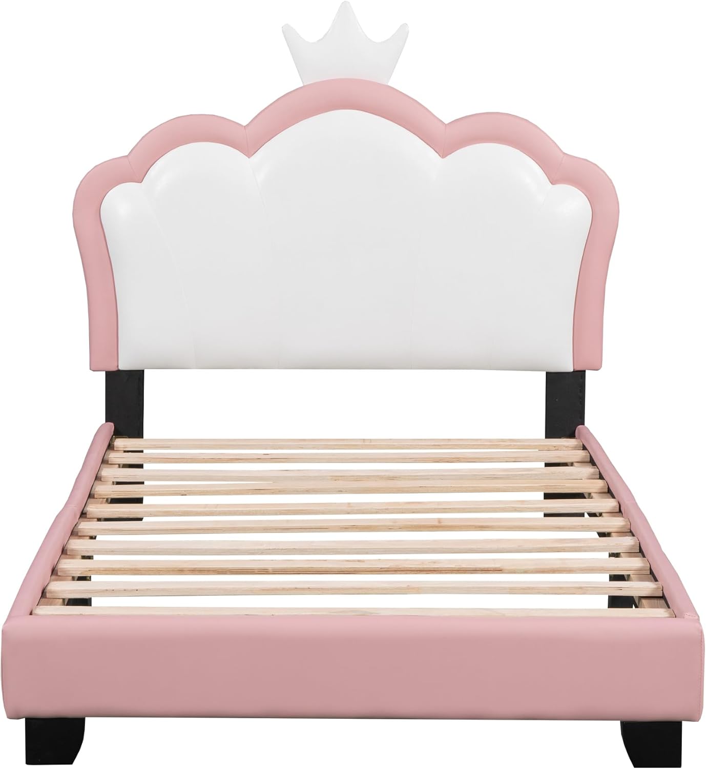 Bellemave Twin Size Princess Bed Frame with Crown Headboard, PU Upholstered Princess Twin Bed for Girls,Kids Twin Platform Bed,(Twin,Pink)
