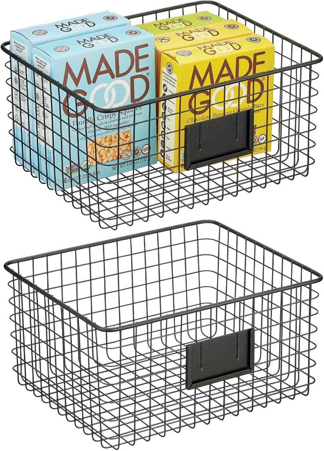 mDesign Farmhouse Decor Metal Wire Food Organizer Storage Bin Basket with Label Slot for Kitchen Cabinets, Pantry, Bathroom, Laundry Room, Closets, Garage - 2 Pack - Matte Black Pack of 2