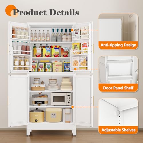 75.2" Tall Metal Pantry Cabinet, Storage Cabinets with 4 Door and 4 Adjustable Shelves, Black Kitchen Pantry Storage Cabinet, Freestanding Cupboard for Kitchen Dining Room Living Room Bathroom