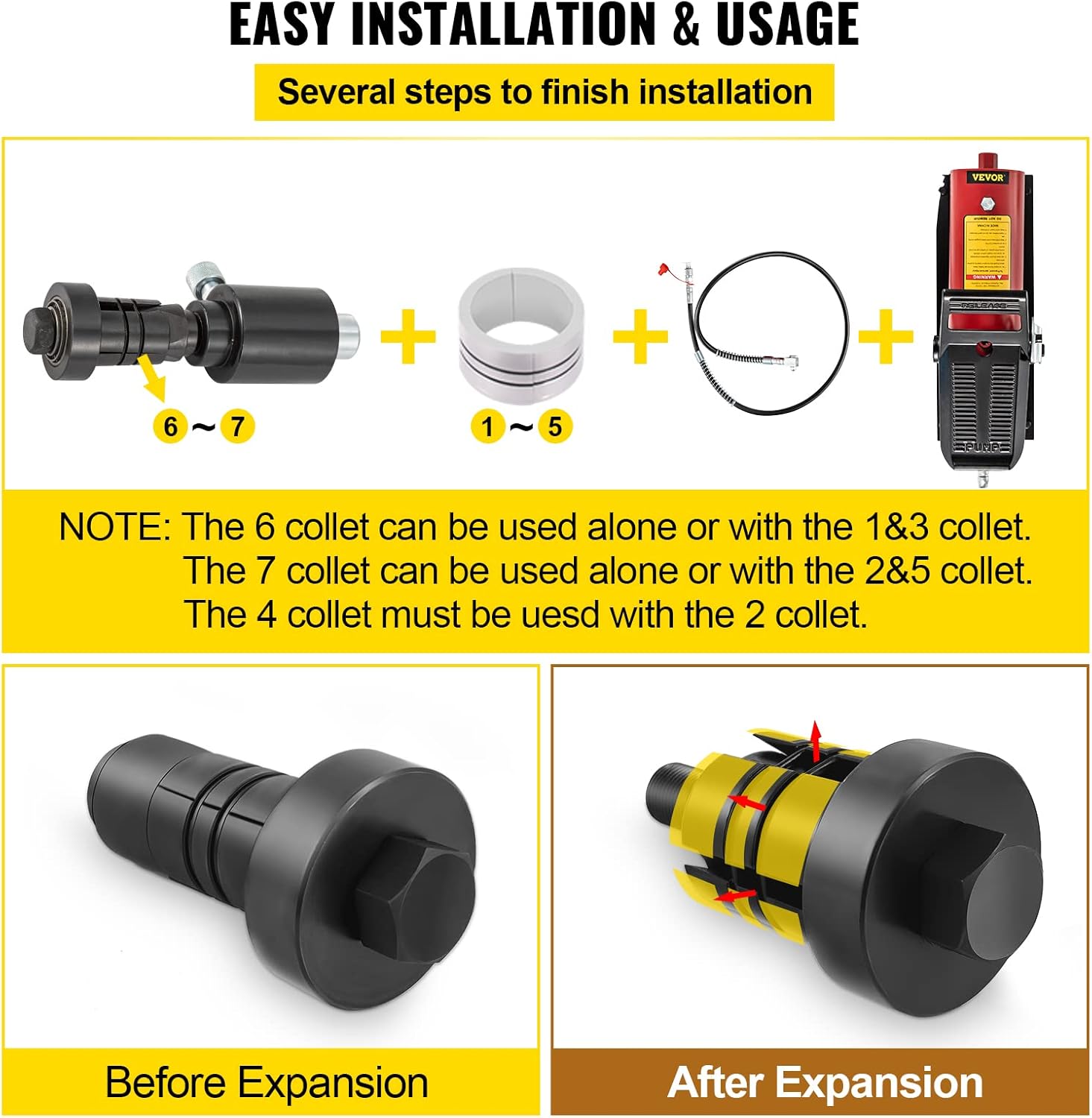 VEVOR Hydraulic Exhaust Pipe Expander, 1-5/8 to 4-1/4 Size, 10 T Pedal Pump Included w/4 Dies and 2 Storing Cases for Copper, Aluminum Tubes in Car Repairing