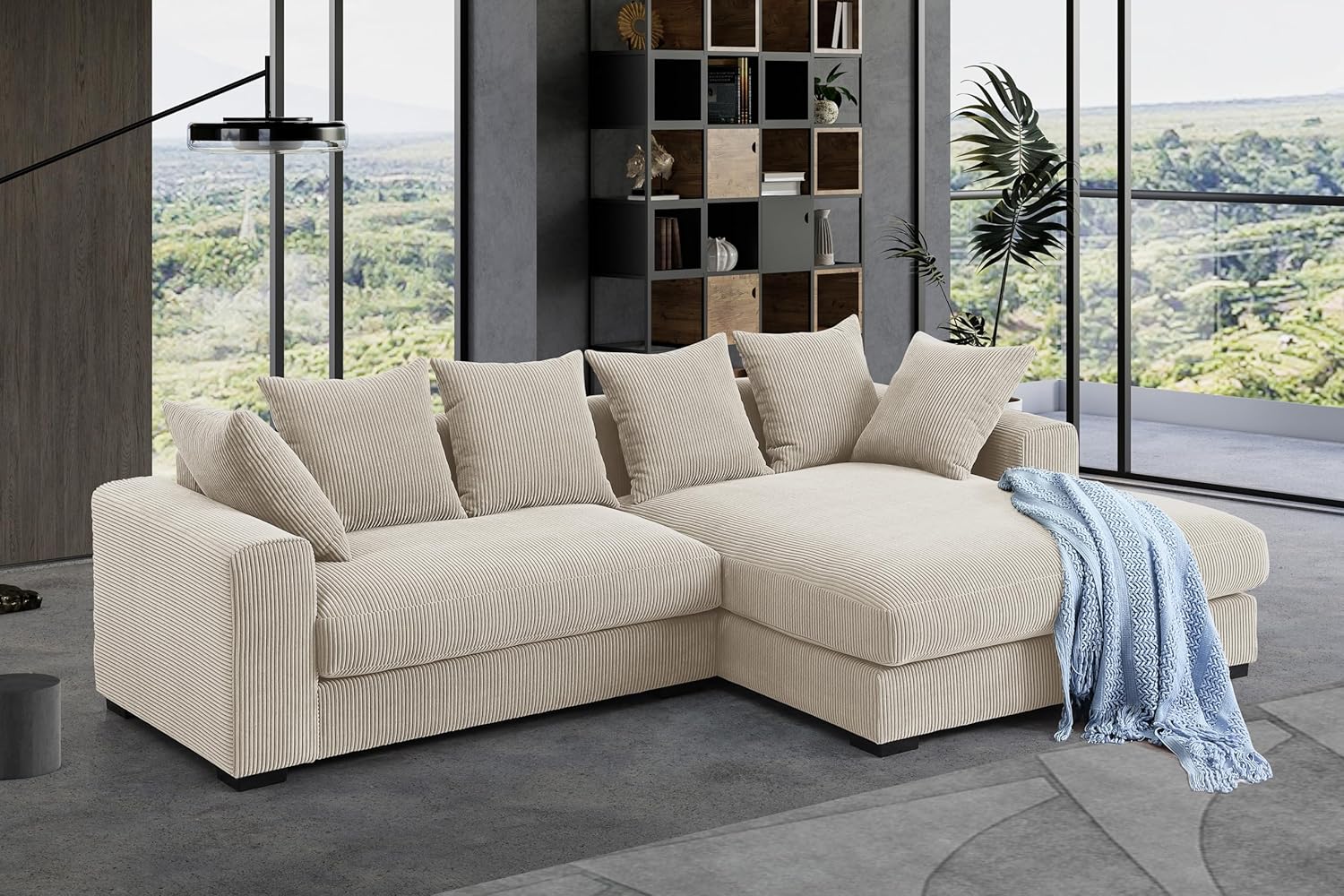 Corduroy 3-Piece Upholstered Sectional Chaise,L Shaped Sofa with Versatile Ottoman and Six Complementary Toss Pillows for Living Room,Apartment,Office,Beige