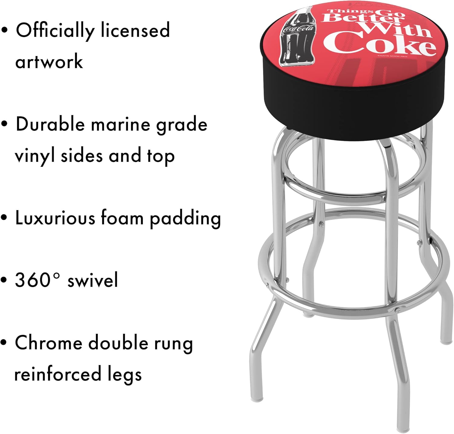 Bar Stool - Coca-Cola Things Go Better with Coke Bottle Art Stool with Foam Padded Seat - Swivel Chair for Game Room, Garage, or Home Bar by Trademark Gameroom