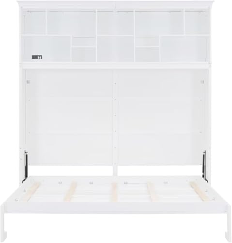 MERITLINE Queen Horizontal Murphy Bed Cabinet with Storage Bookcase Shelves and Charging Station,Wood Folding Grey Murphy Wall Bed for Adult