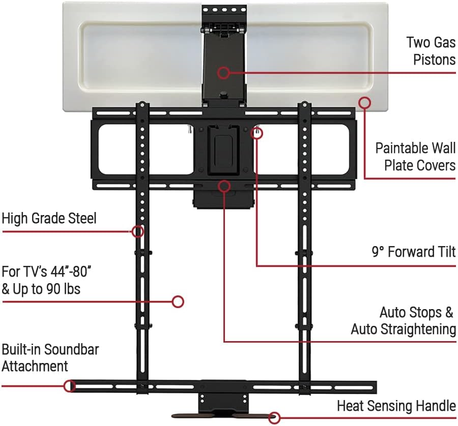 MantelMount MM540 - Above Fireplace Pull Down TV Mount for 40" to 80" Screen TVs to 90 lbs, with Patented auto-straightening, Adjustable Stops, Heat Sensor Handles & Paintable Covers