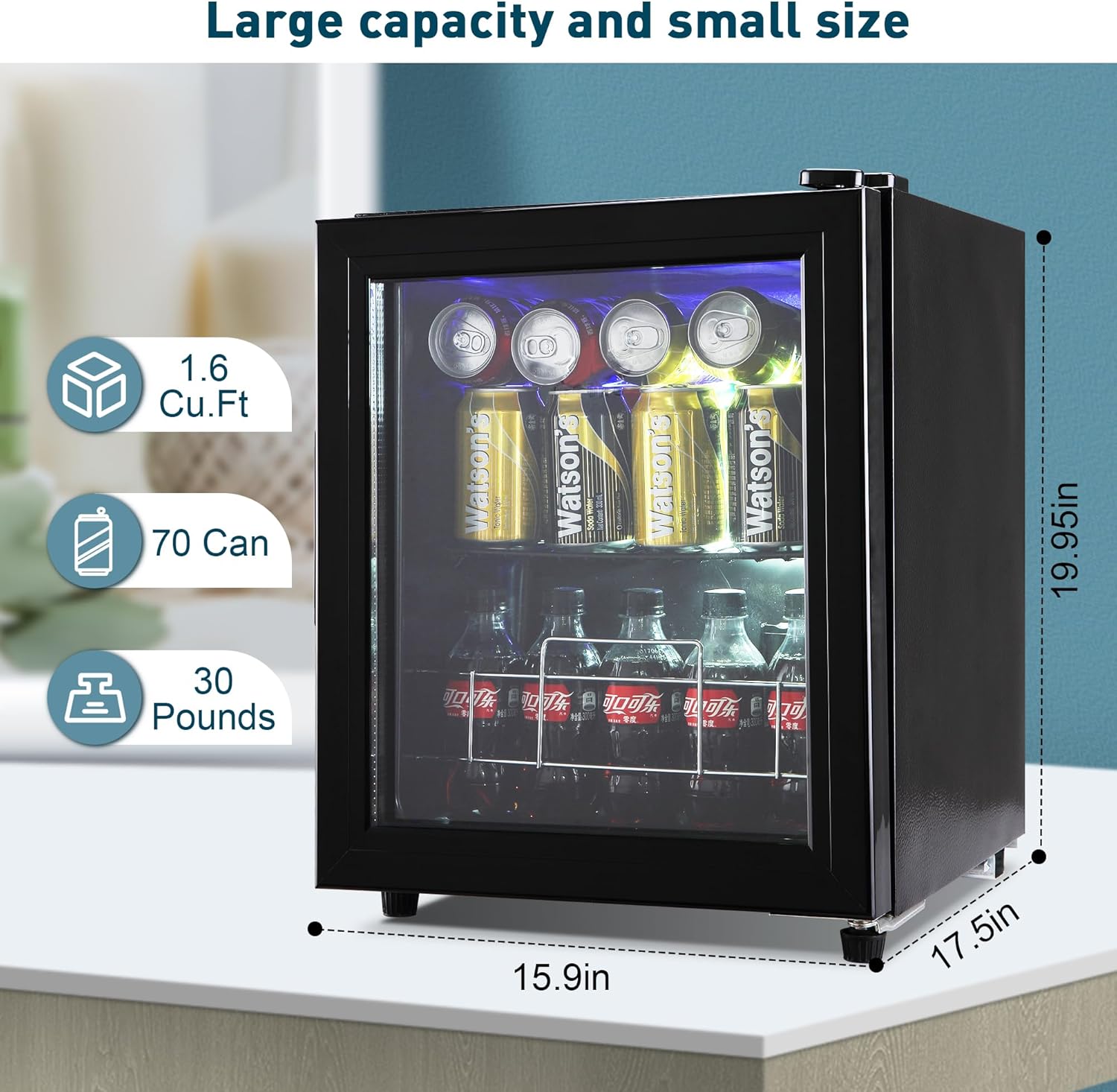 Wine Beverage Refrigerator, 70 Cans Mini Beverage Fridge with Clear Door, Mini Drink Fridge with Adjustable Shelves Temperature Controlled Glass Door Mini Fridge for Office or Bar, Black
