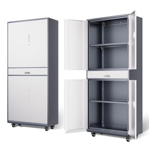 DNA MOTORING 71'' Metal Storage Cabinet, Locking Tool Cabinet with 1 Drawer and Adjustable Shelves, Lockable Heavy Duty Metal Locker for Garage,Office,Home,Gym, Gray, TOOLS-00629-GY-GY-A