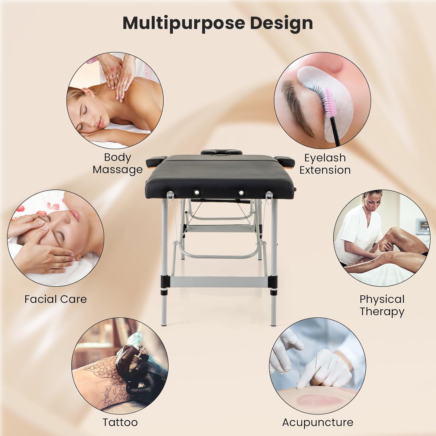 Giantex Massage Table, Portable Massage Bed with Carrying Bag, 2 Fold Salon Spa Tattoo Bed, Height Adjustable, Sturdy Aluminum Frame, Professional Massage Lash Bed Esthetician Bed, Black