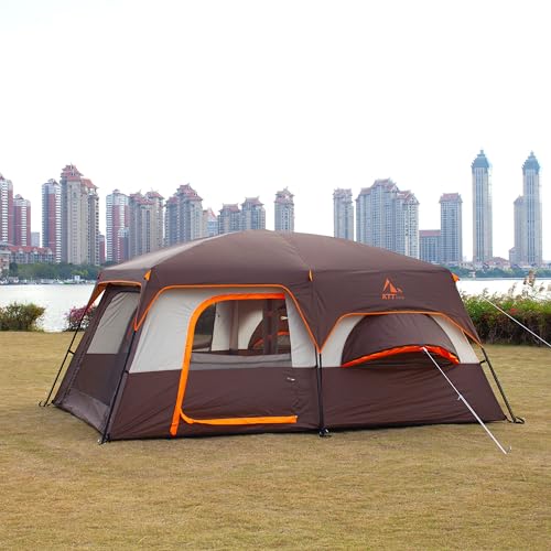 KTT Extra Large Tent 10-12-14 Person(Style-B),Family Cabin Tents,2 Rooms,3 Doors and 3 Windows with Mesh,Straight Wall,Waterproof,Double Layer,Big Tent for Outdoor,Picnic,Camping,Family Gathering