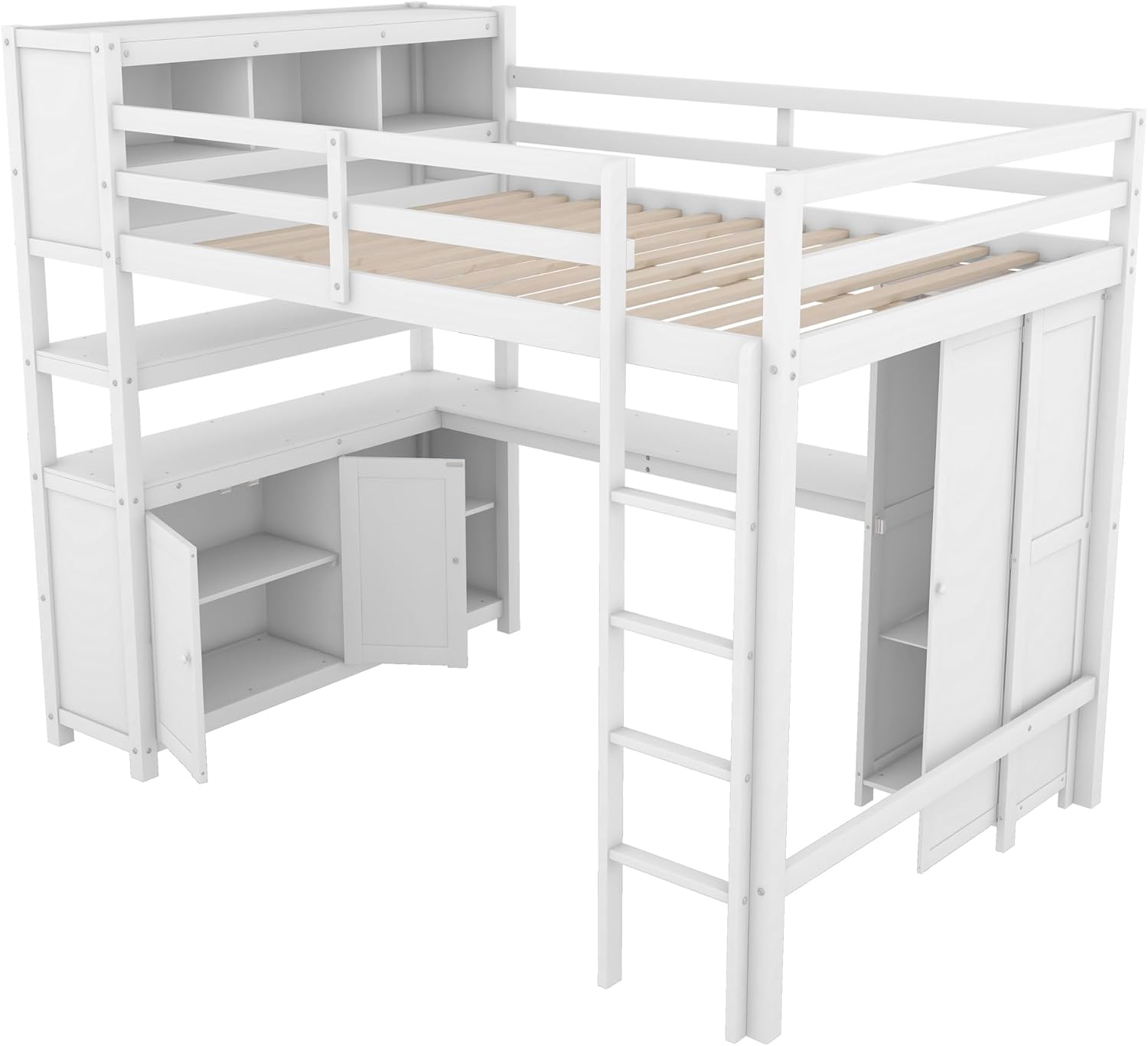 Harper & Bright Designs Full Size Loft Bed with Built-in Desk, Bookshelf, Wardrobe, Full Length Guardrail and Ladder, White