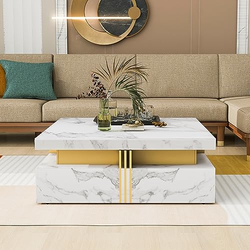 Modern Round Lift-top Nesting Coffee Tables with 2 Drawers for Living Room White & Natural