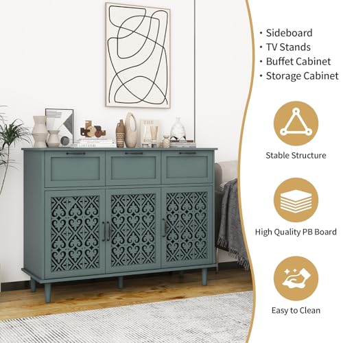 Sideboard Buffet Cabinet with Storage - Accent Storage Cabinet American Furniture, Modern 2 Door 3 Drawer Cabinet, Farmhouse Wood Credenza for Living Room, Bedroom, Dining Room (Blue)