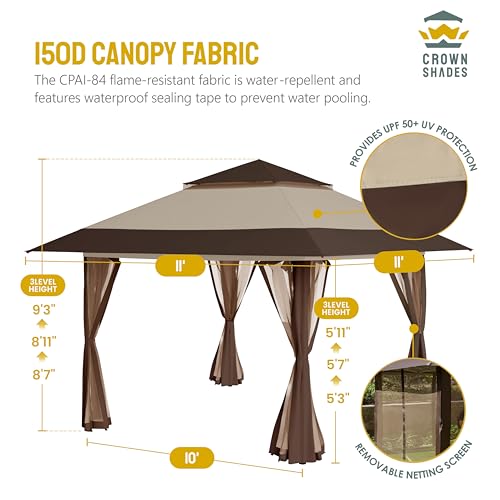 CROWN SHADES 13x13 Pop Up Gazebo, Canopy Tent, Gazebos on Clearance - Outdoor Gazebo for Backyard & Patio Furniture - Carpa Pop Up Tent with Wheeled STO-N-Go Cover Bag (Grey)