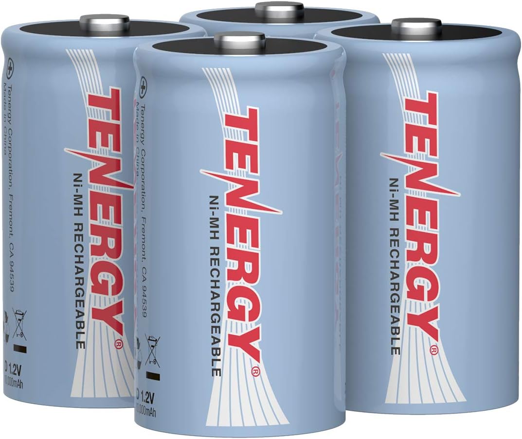 Tenergy 10000mAh NiMH D Battery, Rechargeable High Capacity D Size Battery, High Drain D Cell Batteries for Flashlight, 16-Pack - UL Certified