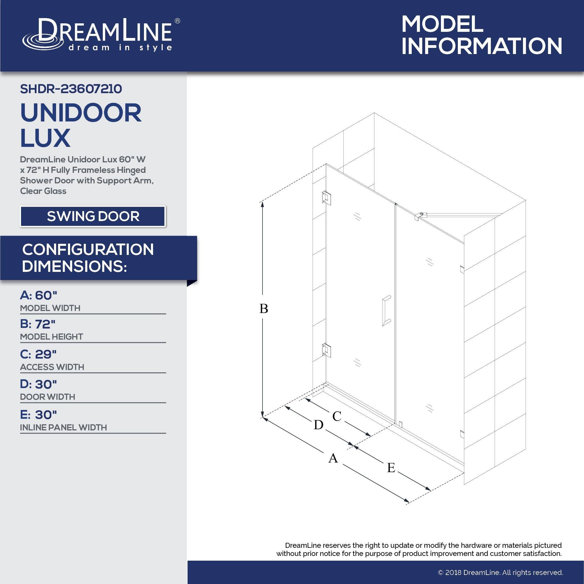 DreamLine Unidoor Lux 72-in H x 60-in W Frameless Hinged Brushed Nickel Shower Door (Clear Glass) | SHDR-23607210-04