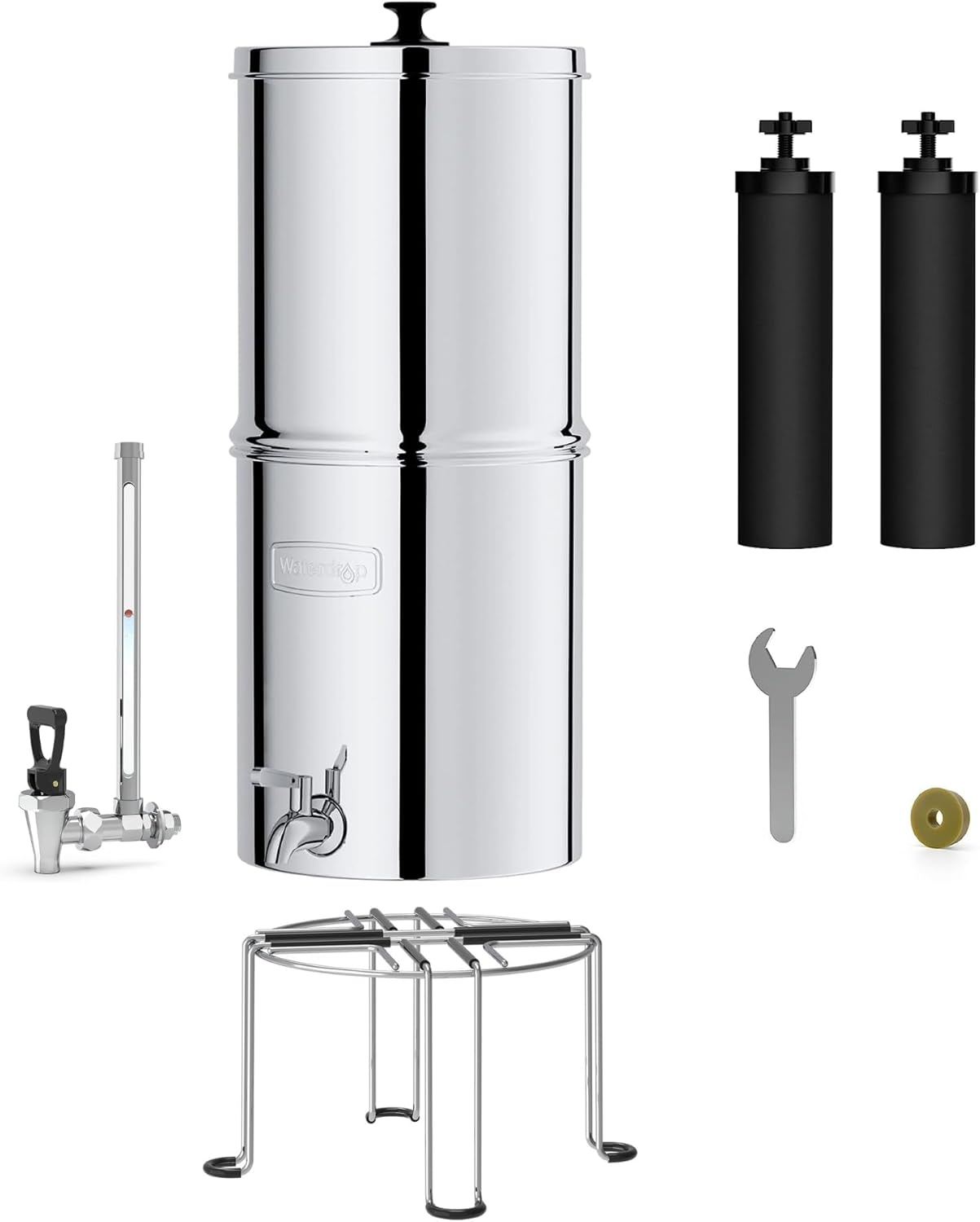 Waterdrop Gravity-fed Water Filter System with 2 Black Carbon Filters, Metal Spigot, Stainless Steel Stand and Water Level Spigot