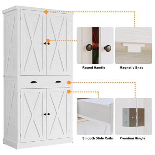 IRONCK Kitchen Pantry Storage Cabinet 72.6" H, with Barn Doors, Drawer, 4 Adjustable Shelves, Freestanding Cupboard for Dining Room Living Room, Laundry, White