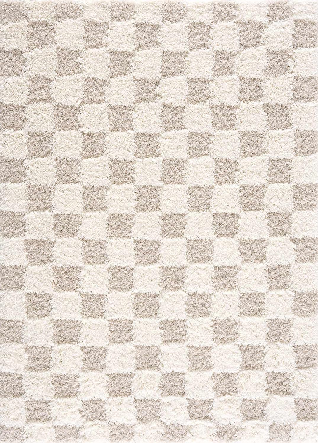 Hauteloom Atira Contemporary Checkered Fluffy Shag Area Rug - Modern Geometric Carpet Tiles for Living Room, Kids Room, Nursery - Plush Pile - Beige, Cream, White - 6'7" x 9'6"