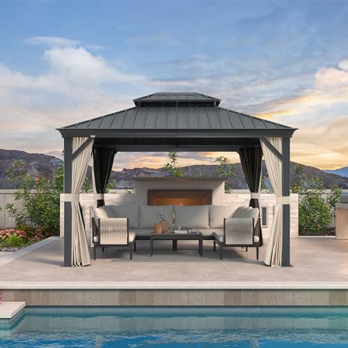 PURPLE LEAF 10' X 14' Permanent Hardtop Gazebo Aluminum Gazebo with Galvanized Steel Double Roof for Patio Lawn and Garden, Curtains and Netting Included, Grey