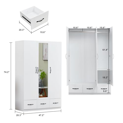 74" H 3 Doors 2 Drawers White Bedroom Wardrobe Armoire Closet Freestanding Clothes Storage Armoire Organizer with Hanging Rod Shelves Clothes Cabinet for Bathrooms Clothes Storage