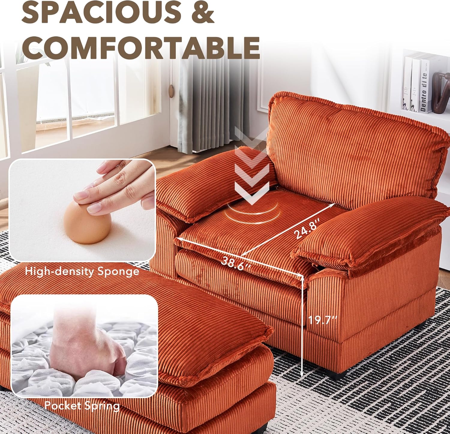 56.3'' Oversized Chaise Lounge Indoor, Wide Corduroy Single Sofa Chair with Ottoman, Plush Upholstered Deep Seat, Lazy Sleeper Sofa for Living Room, Apartment, Salon, Home Theater, Orange