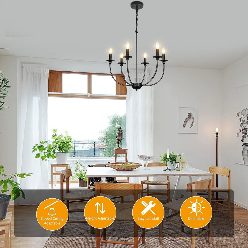 Derksic Black Farmhouse Chandelier 6-Light Wrought Iron Chandelier Rustic Candle Ceiling Pendant Light Fixture for Dining Room Kitchen Island Living Room Foyer Bedroom Entryway