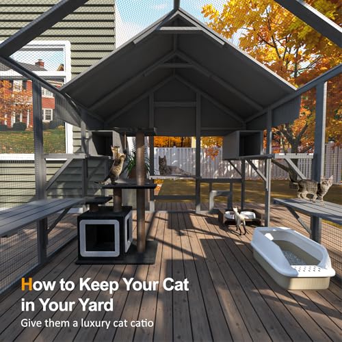 Cat Catio, Large Catio Outdoor Cat Enclosure for Multiple Cats with 7 Platforms, 2 Resting Box and 2 Bridges, Wooden Feral Cats Shelter with Waterproof and UV Proof Canopy, 71 x 71 x 97 inch