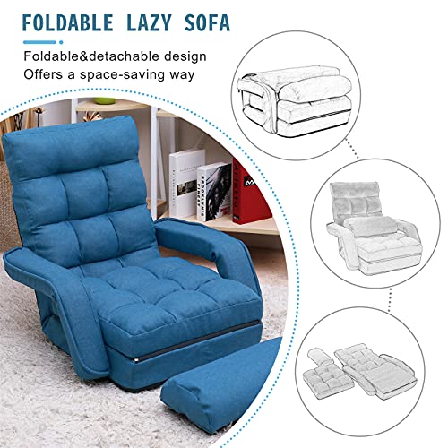 6-Position Adjustable Chaise Lounge Sofa, Folding Lazy Floor Chair Sofa Lounger Bed with Armrests and a Pillow Padded for Living Room (Blue)