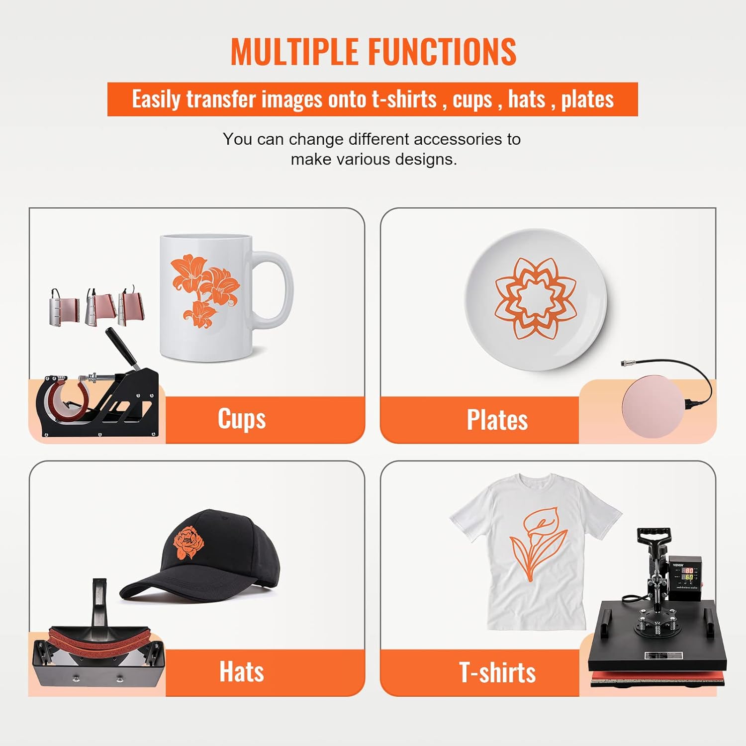 VEVOR 8 in 1 Heat Press Machine Combo 15x15, 360° Swing Away Tshirt Press Machine for Printing Hat Mug T Shirts Cap, Digital Multifunctional Sublimation Heat Transfer Machine