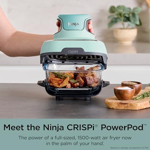 Ninja Crispi Air Fryer, Microwave, Freezer & Dishwasher Safe, Non Toxic Glass Portable Cooking System, 4 QT & 6 Cup Glass Containers with Storage Lids, Easy Meals, Air Fry, Bake, Green, FN101SG