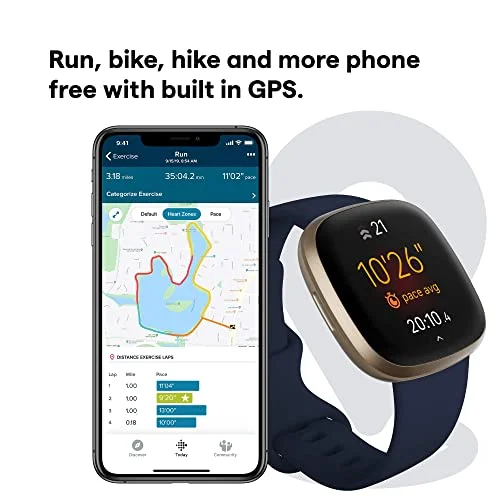 Fitbit Versa 3 Health & Fitness Smartwatch with GPS, 24/7 Heart Rate, Alexa Built-in, 6+ Days Battery, Midnight Blue/Gold, One Size (S & L Bands Included)