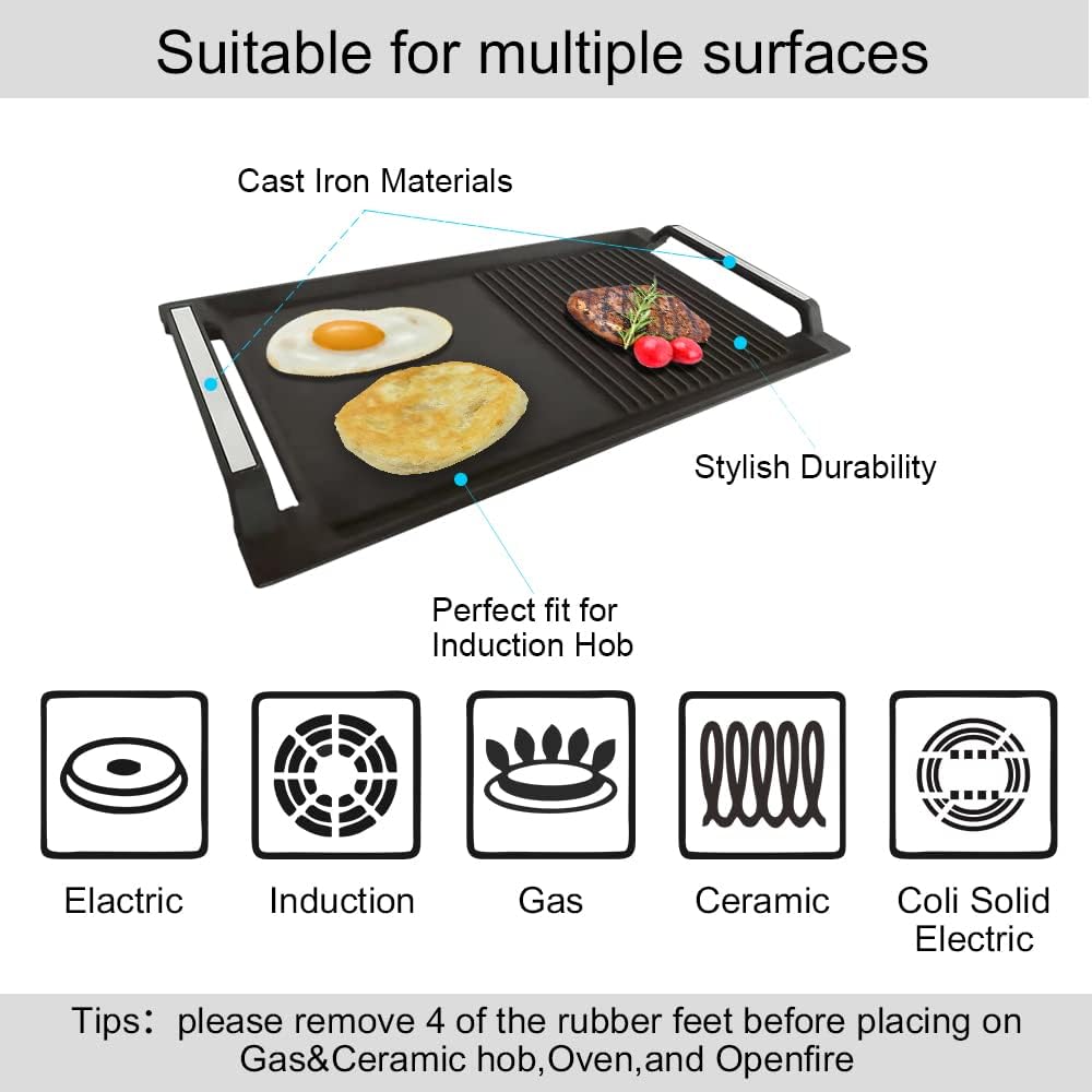 Griddle Pan, Cast Iron Grill Hot Plate, Rectangular Grill, 2 handles with Flat and Ridged Surface for Induction Electric Cooktop，16.7 x 9.1inch