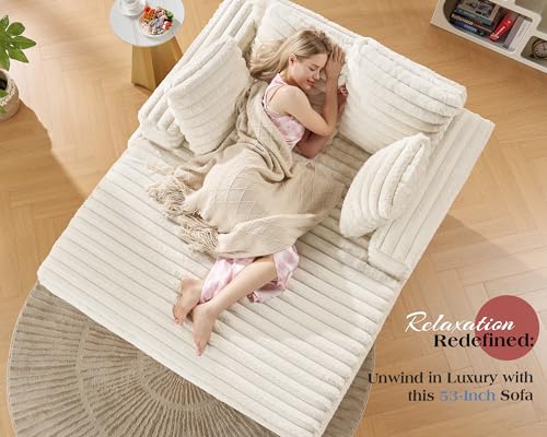 VanAcc 53 Inch Chaise Lounge Indoor, Upholstered Sofa Bed with Throw Pillows and Armrests, Sleeper Chair- Plush Chair Bed for Living Room, Off-White