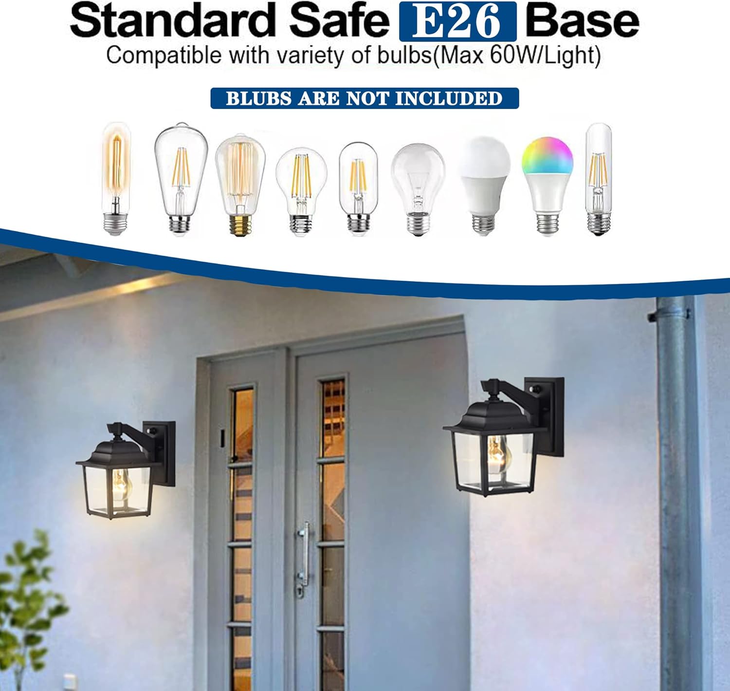 Black Outdoor Wall Lights 1 Light Porch Lights 2 Packs Dusk to Dawn Outdoor Wall Lantern with Sensor