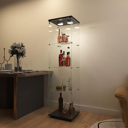 Two-Door Glass Display Cabinet 4 Shelves with Door, Floor Standing Curio Bookshelf for Living Room Bedroom Office, 64.7"*31.7"*14.3", White
