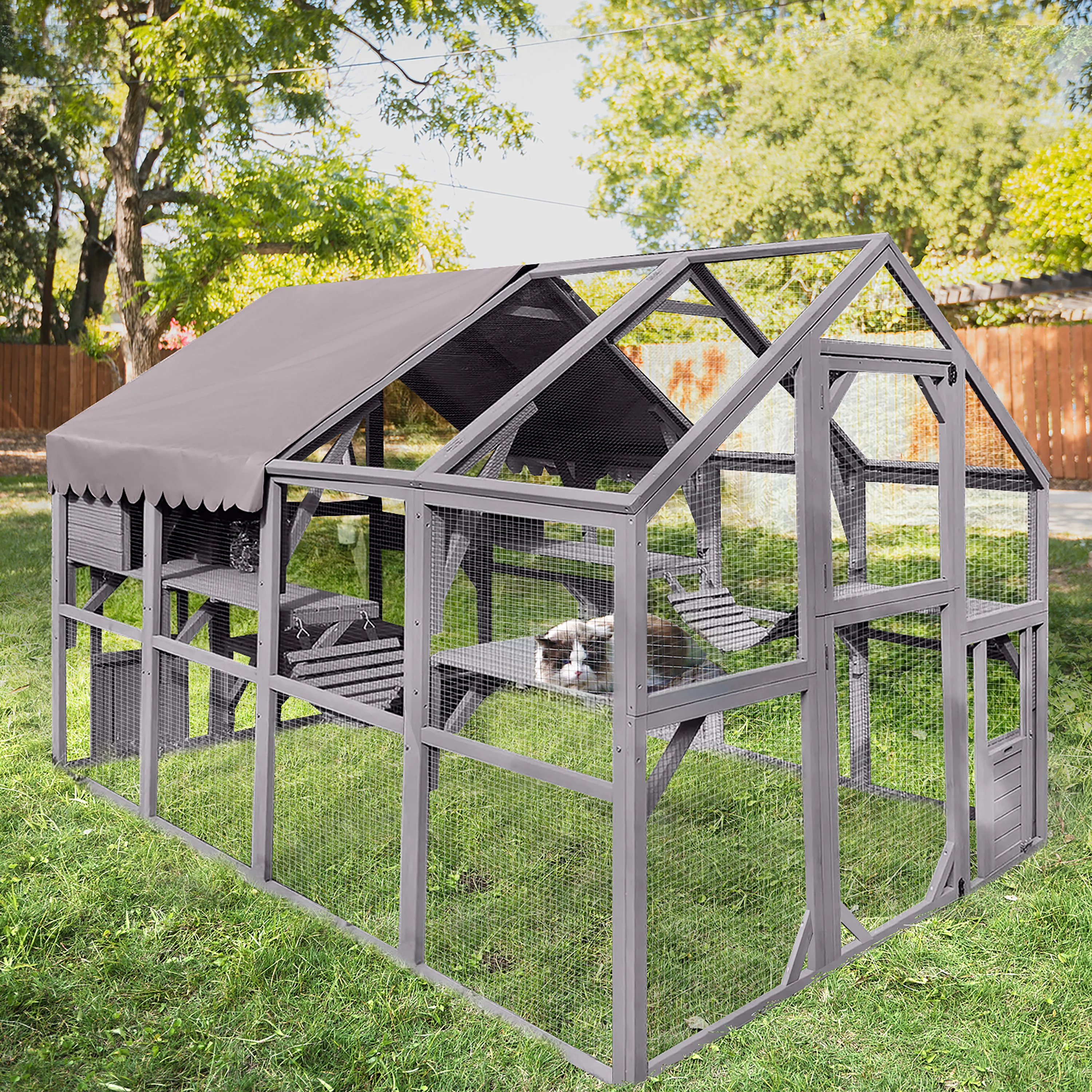Morgete 110'' Extra Large Cat House Outdoor Walk-in Enclosure Wooden Catio Cage with Bridges, Platforms, Rest Rooms, Roof Cover
