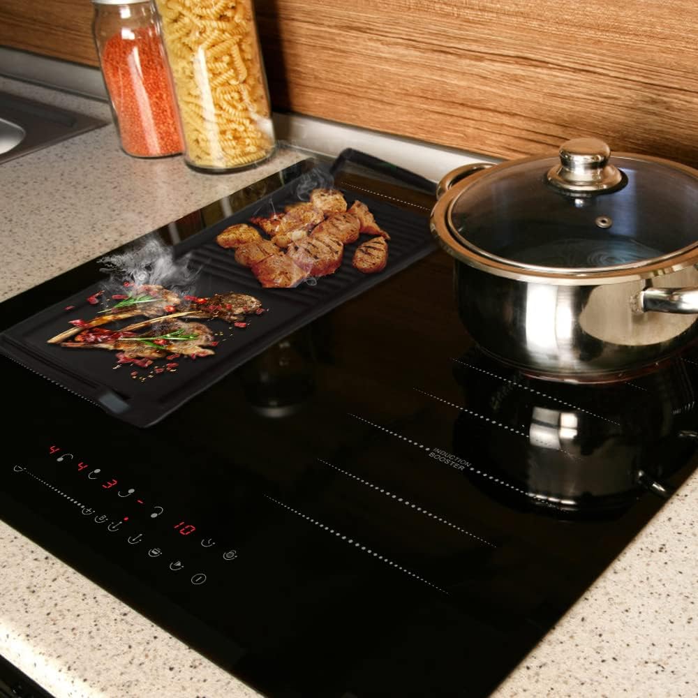 Griddle Pan, Cast Iron Grill Hot Plate, Rectangular Grill, 2 handles with Flat and Ridged Surface for Induction Electric Cooktop，16.7 x 9.1inch