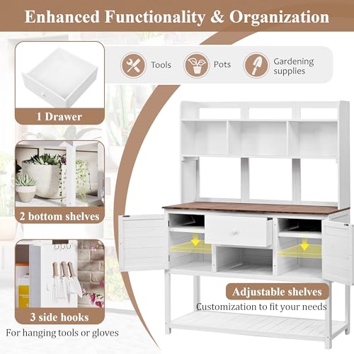 Outdoor Wooden Potting Bench Table – Farmhouse Garden Workstation with Drawers, Cabinet & Storage Shelves, Large Fir Wood Work Table for Patio, Backyard, Mudroom, Greenhouse (Light Brown, 66''H)