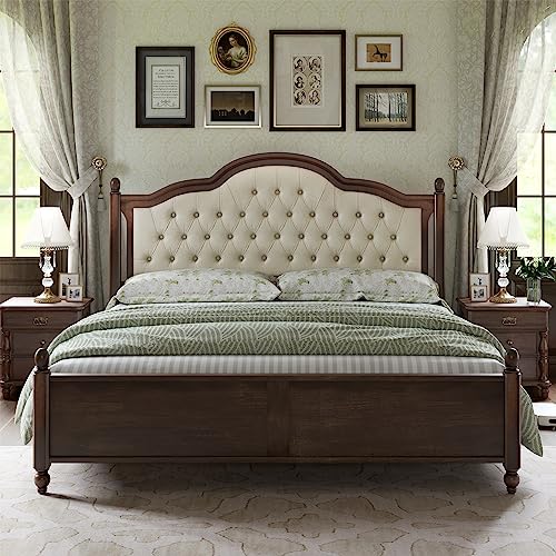 Solid Bed Frame Queen Size, Transitional Platform Bed with 52.5"" Upholstered Tufted Headboard, Rubberwood/Roman Column Accents/Wood Slat Support/No Box Spring Needed,bed frame, Walnut