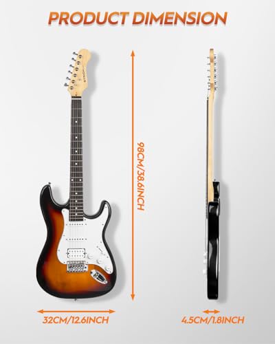 STRICH Electric Guitar Beginner Kit, Solid Body 39" Full Size Electric Guitar HSS Pick Up for Starter, with 10W Amp, Bag, Digital Tuner, Capo, Strap, String,Cable, Picks, SST-S20 Sunburst